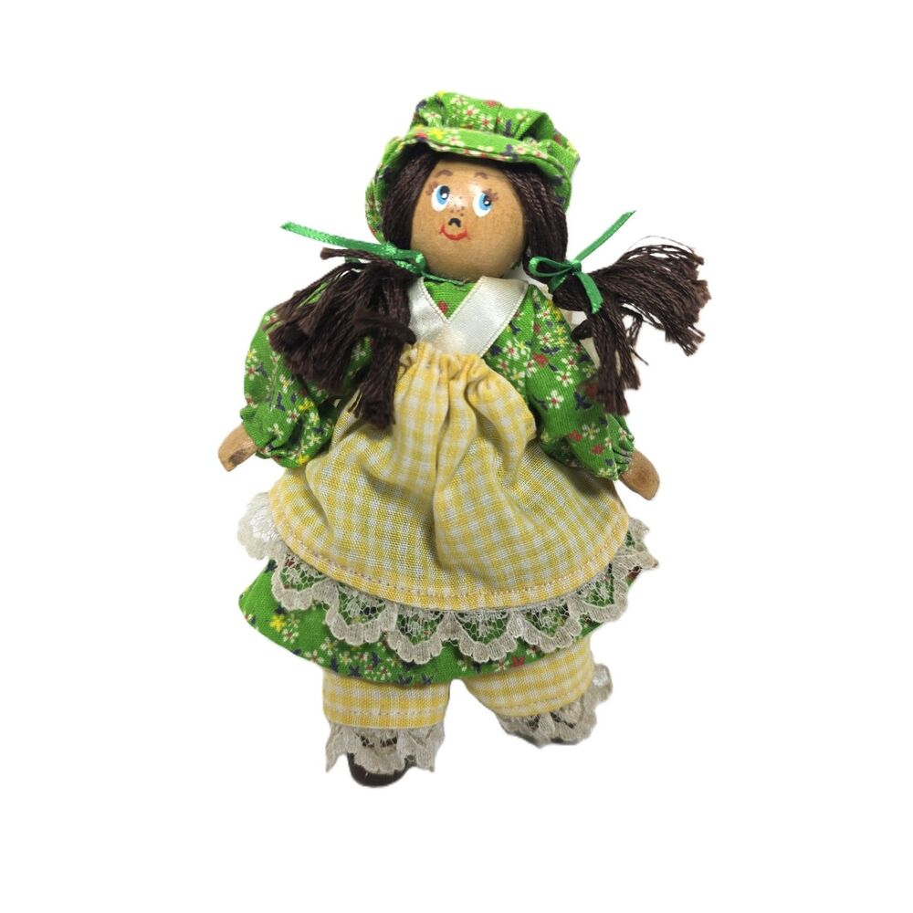Vintage Folk Art Doll Clothespin Wood Head Floral Dress Gingham Apron 5" Retro